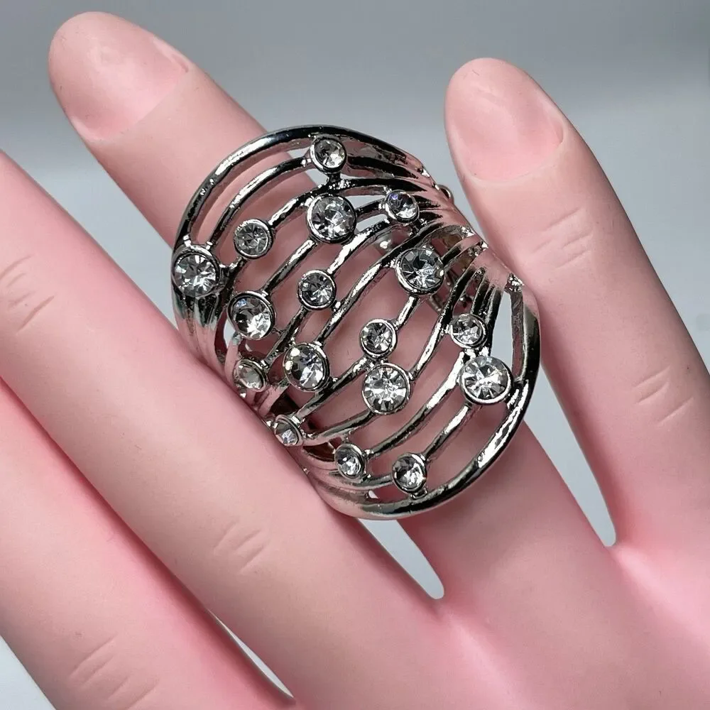 Stunning Silver Tone White Rhinestone Wide Stretch Band Ring Statement Fashion